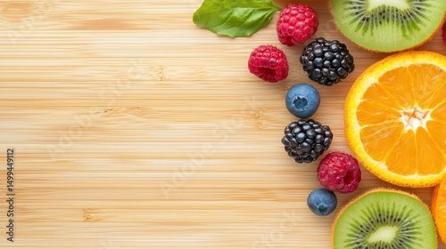 Vibrant assortment of fresh fruits including kiwi, orange, blueberry, raspberry, blackberry on wooden background