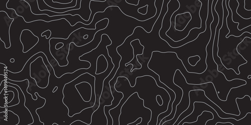 Abstract Topographic map design with Seamless pattern with lines on black background. geographic contour map paper texture. Retro topographic map. geographic mountain relief. terrain path isolated on 
