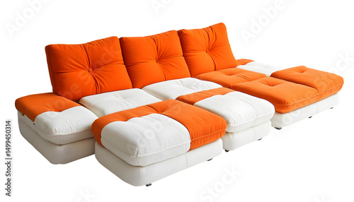 Modular sofa in orange and white, featuring button tufting and various seating components