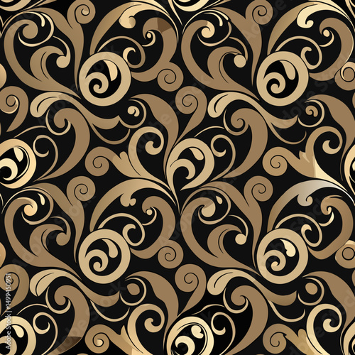 Elegant seamless vector pattern with golden swirls on black background  