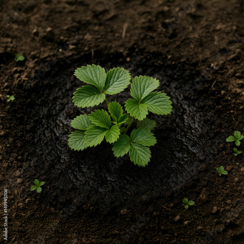 Close-up of a young strawberry plant thriving in moist, well-nourished soil, surrounded by new sprouts. photo