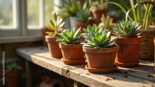 Succulents in Terracotta pots sitting in the greenhouse with a window and sunshine. Plants sitting on a potting bench in pots.  Gardening with little green plants. Cactus in pots.