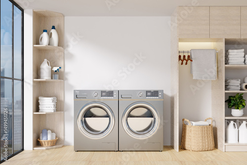 Foto Well-designed laundry room with modern washing machines and optimal organization