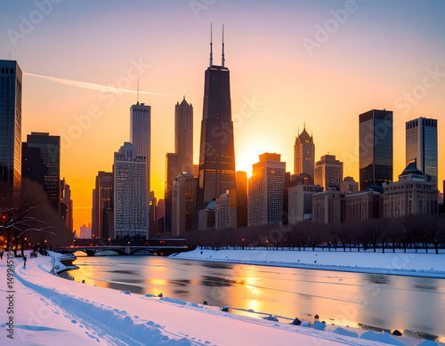 Stunning Chicago Skyline at Sunset During Winter