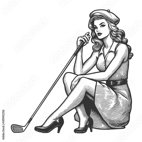 pin-up woman in heels and a dress, posing confidently with a golf club sketch engraving generative ai fictional character vector illustration. Scratch board imitation. Black and white image.