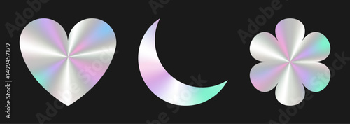Set of iridescent metallic labels. Holographic gradient heart, moon, flower symbols. Foil effect stickers.