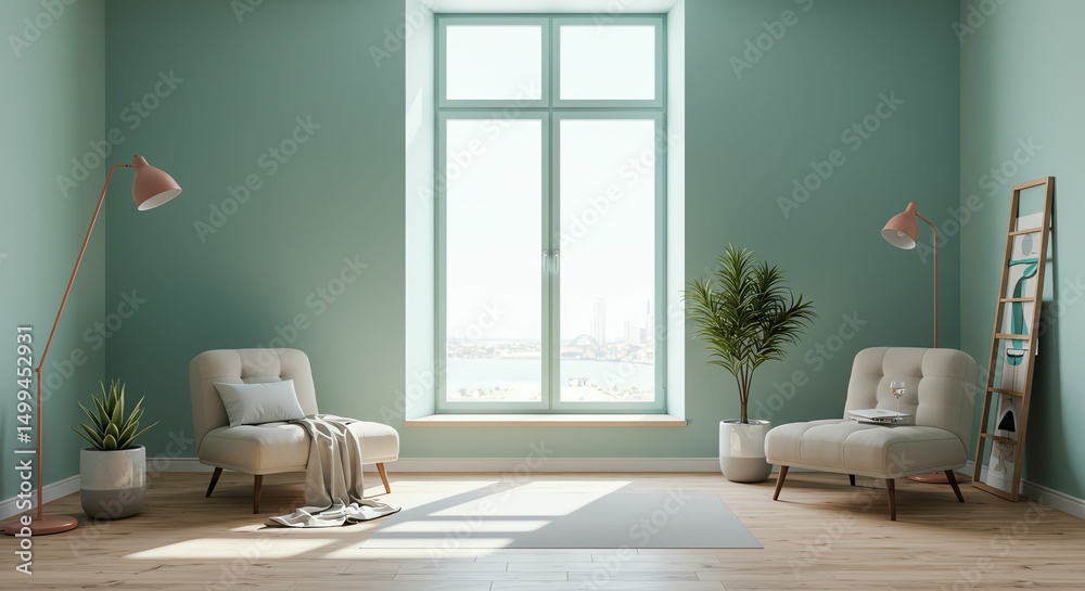 Fototapeta premium Living Room with Armchairs Plant and Large Window