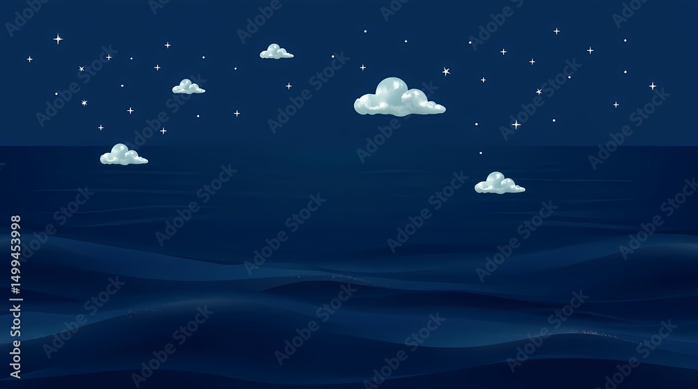 Fototapeta premium Serene Night Sky over Dark Ocean Waves Calm Night Seascape Illustration