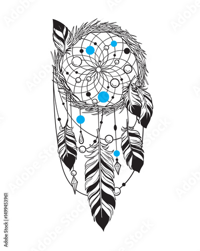Vector illustration in graphic style of dreamcatcher with beads and feathers