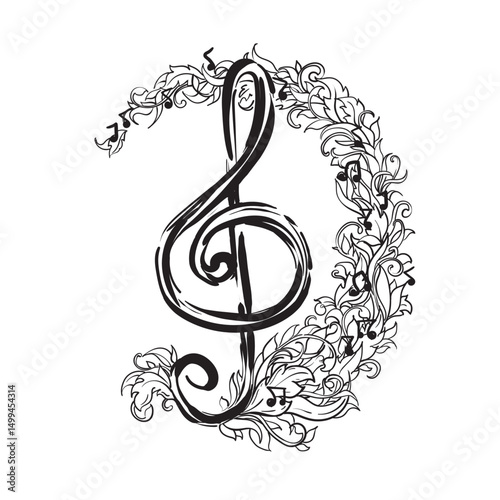 Vector illustration of a treble clef with notes on a background of a floral swirling ornament