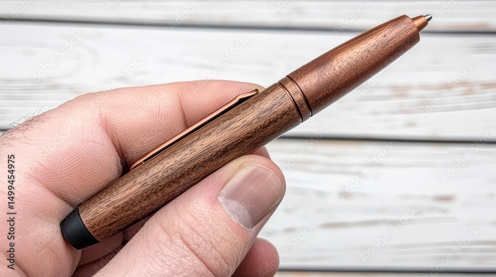 Naklejka premium Elegant copper pen in hand with natural wood finish against rustic wooden background