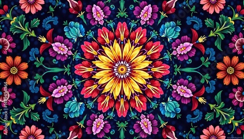 Intricate floral pattern within a hexagon, vibrant hues, hexagon, surface