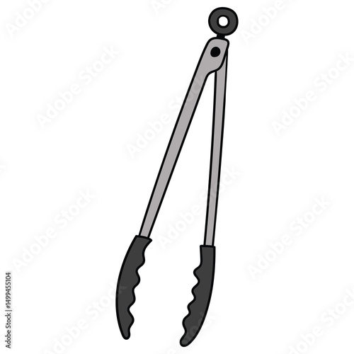 Hand drawn cartoon kitchen tongs on white background.