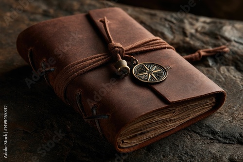 A compass tucked into a leather-bound explorer's journal
