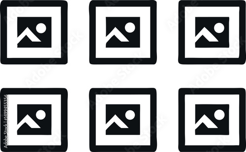 A grid layout of nine identical image icons, each framed in a simple square and featuring a mountain silhouette and a small circle representing the sun or moon.
