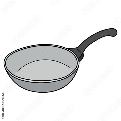 Hand drawn cartoon metal frying pan on white background.