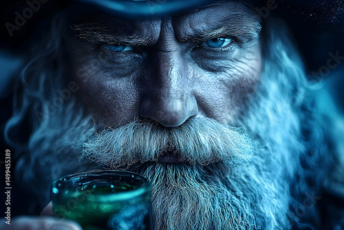 Intense gaze of a wizened man with a long, white beard holding a small green glass in a dramatically lit scene