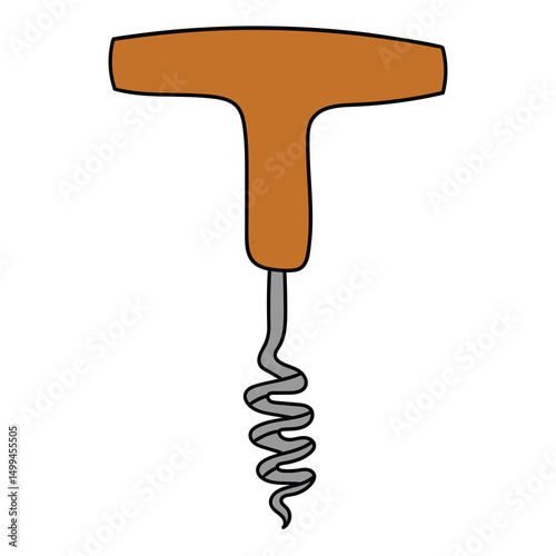 Hand drawn cartoon wooden corkscrew on white background.