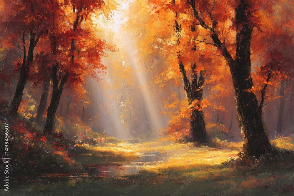Obraz premium A fairy-tale grove with amber leaf rain, golden shafts of sunlight, and crimson highlights