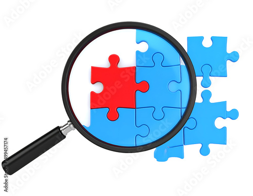 Magnifying glass focuses on a key red puzzle piece among blue ones, symbolizing problem-solving or a missing element