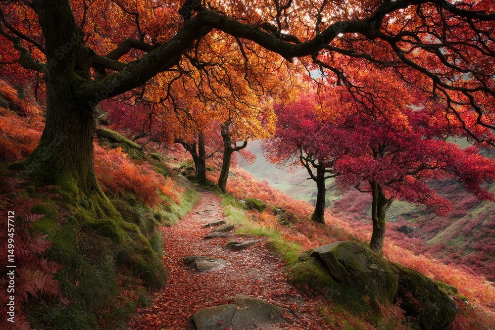 Fototapeta premium A mountain path blanketed in red and gold leaves, sunlit canopy and swirling leaf motes