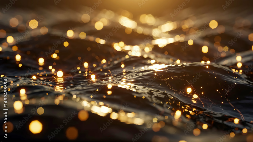 Obraz premium A dark, atmospheric background with golden bokeh lights scattered across it.