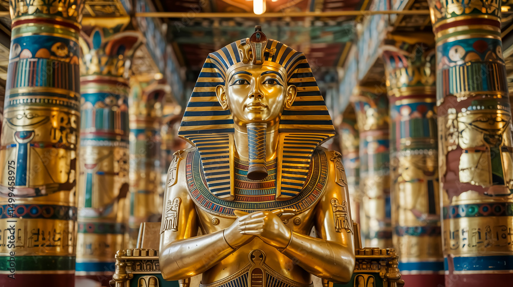 Obraz premium A detailed photograph of an ancient Egyptian golden pharaoh statue seated in a grand temple interior.