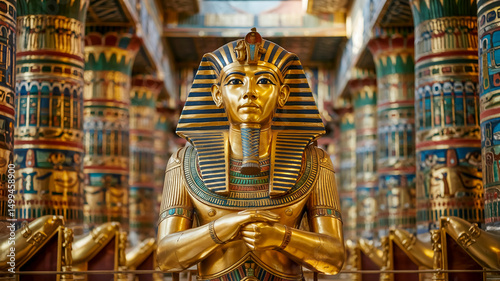 A detailed photograph of an ancient Egyptian golden pharaoh statue seated in a grand temple interior.