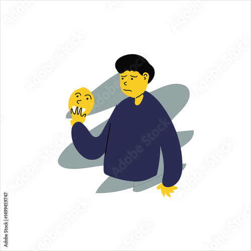 illustration of a person removing his smile mask, vector eps 10