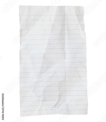Crumpled sheet of notepad paper, isolated on transparent background. Office blank paper concept