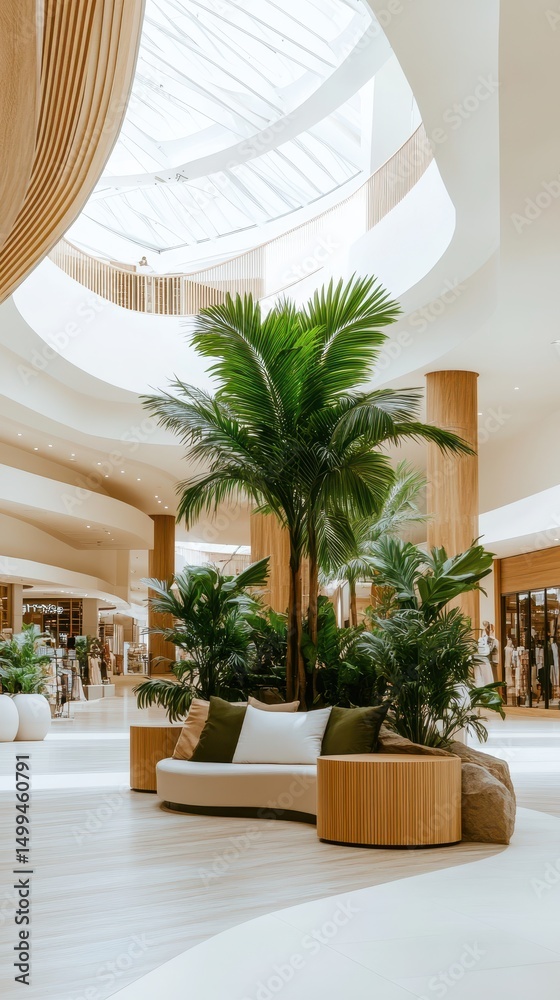 Fototapeta premium Lobby area with palm trees and sofa, in a building with light and bright atrium. Interior design with elegant architecture, resting zone.
