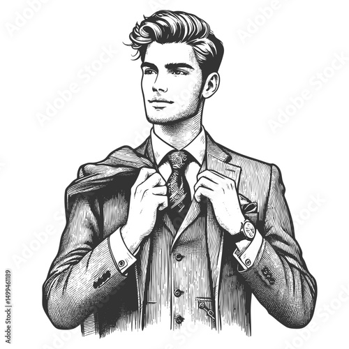 confident young businessman in a suit, featuring stylish hair and a serious expression sketch engraving generative ai fictional character vector illustration. Scratch board. Black and white image.