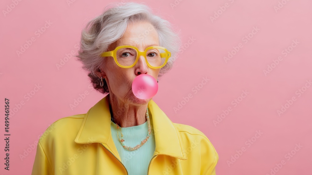 Woman in a yellow jacket blowing a bubblegum bubble. The bubblegum is pink and the woman is wearing yellow glasses