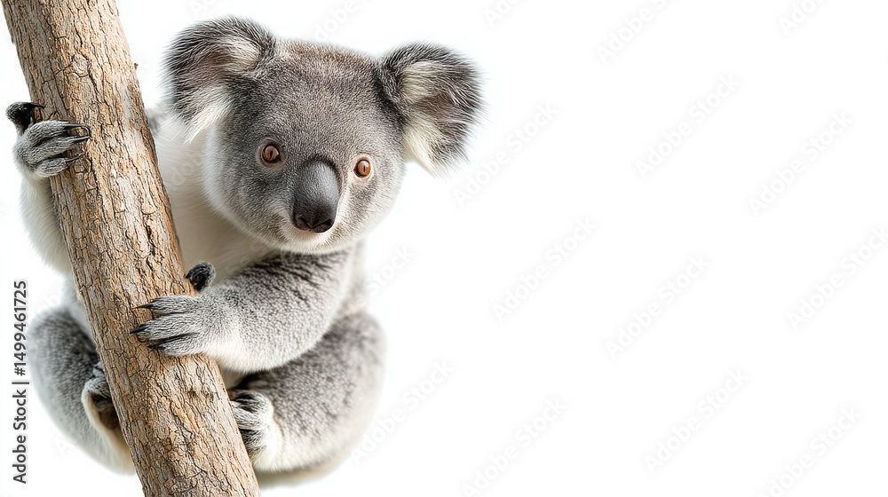 Naklejka premium Koala is sitting on a tree branch. The koala is looking at the camera. The image has a calm and peaceful mood