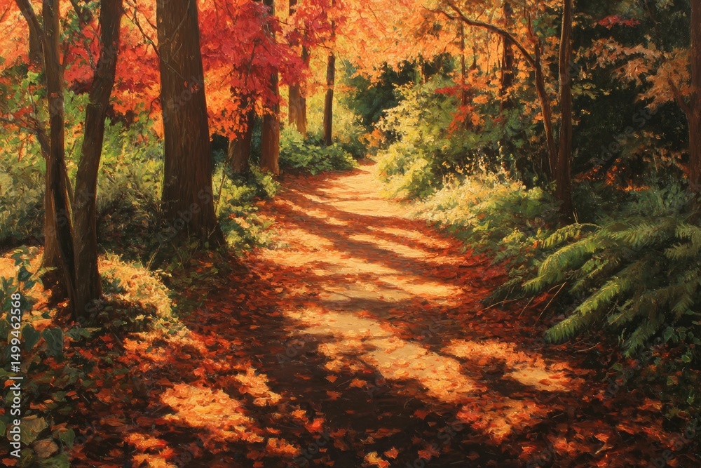 Naklejka premium Amber leaves drifting across a sunlit trail, crimson shadows beneath