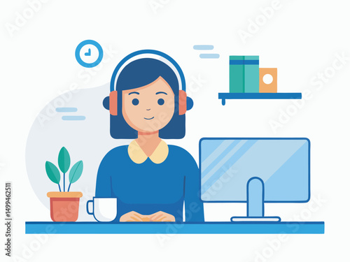 Customer service. Woman operator call center with headphones and microphone with laptop. Concept illustration for support vector
