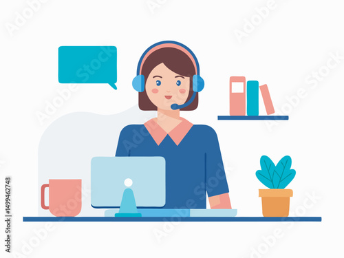 Customer service. Woman operator call center with headphones and microphone with laptop. Concept illustration for support vector
