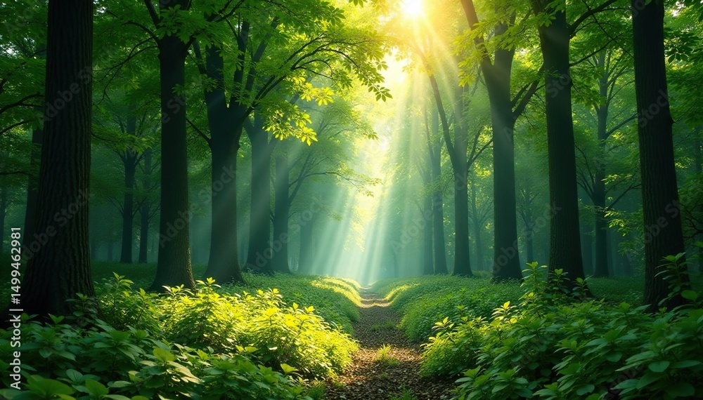 Fototapeta premium Sun-dappled forest canopy, lush green foliage, summer, ecosystem, light