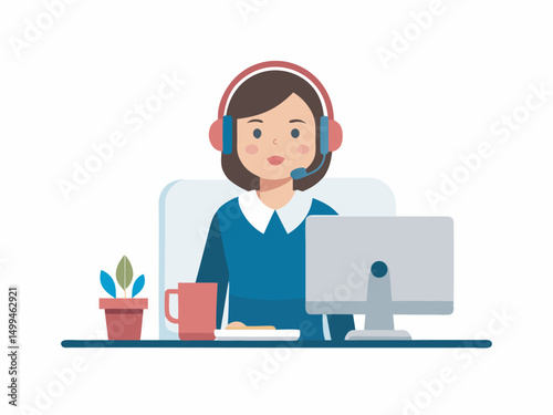 Customer service. Woman operator call center with headphones and microphone with laptop. Concept illustration for support vector
