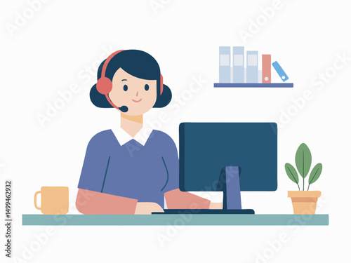 Customer service. Woman operator call center with headphones and microphone with laptop. Concept illustration for support vector
