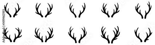 Deer horns icon set. Animal horn silhouette. Deer horn logo for wildlife, hunting. Horn shapes collection. Vector Illustration 