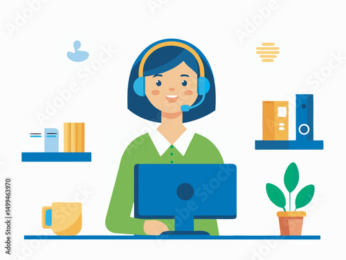 Customer service. Woman operator call center with headphones and microphone with laptop. Concept illustration for support vector
