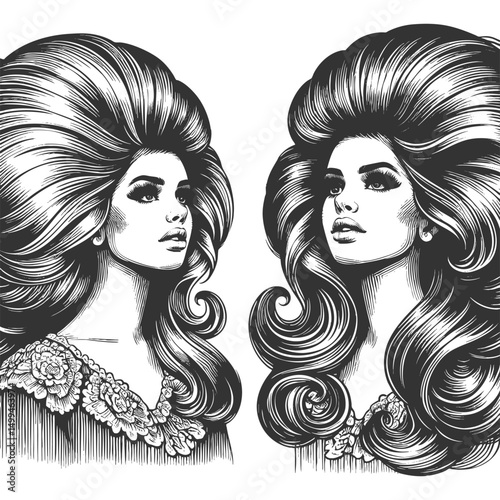 woman with an enormous, intricately curled hairstyle, blending surrealism, elegance, and vintage artistic style sketch engraving generative ai vector illustration. Scratch board. Black and white image