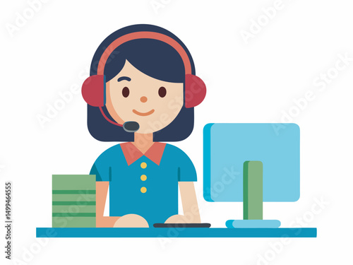 Customer service. Woman operator call center with headphones and microphone with laptop. Concept illustration for support vector
