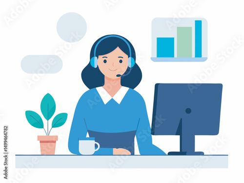 Customer service. Woman operator call center with headphones and microphone with laptop. Concept illustration for support vector
