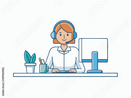Customer service. Woman operator call center with headphones and microphone with laptop. Concept illustration for support vector
