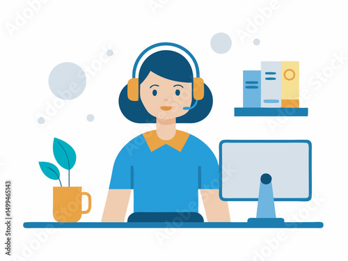 Customer service. Woman operator call center with headphones and microphone with laptop. Concept illustration for support vector
