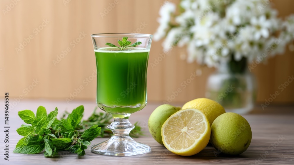 Fototapeta premium Glass of green juice with a lemon slice in it sits on a wooden table. The table is surrounded by a vase of white flowers