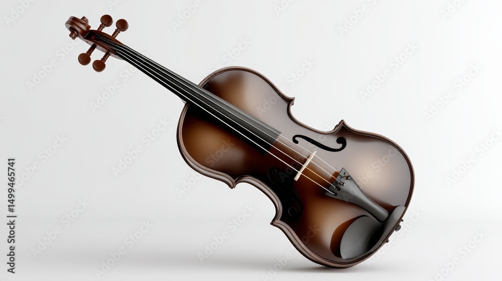 Obraz premium Brown violin is shown in a white background. Concept of elegance and sophistication, as the instrument is a classic symbol of classical music. The focus on the violin and its details