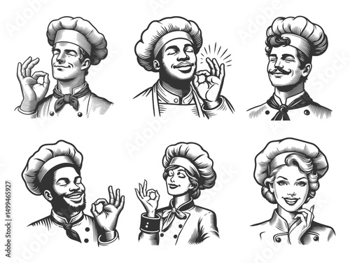 Chef Making OK Hand Gesture Set collection bundle sketch engraving generative ai vector illustration. Scratch board imitation. Black and white image.